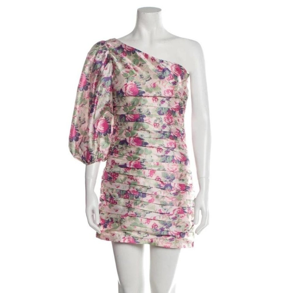 LoveShackFancy Pink Floral One Shoulder Ruffle Mini Dress Size 2